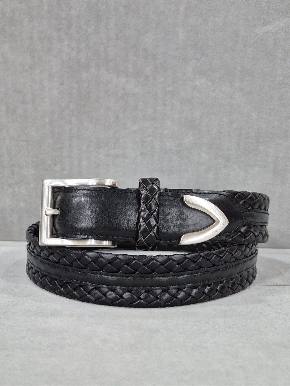 Western woven leather belt men's 34 black silver metal buckle and tip